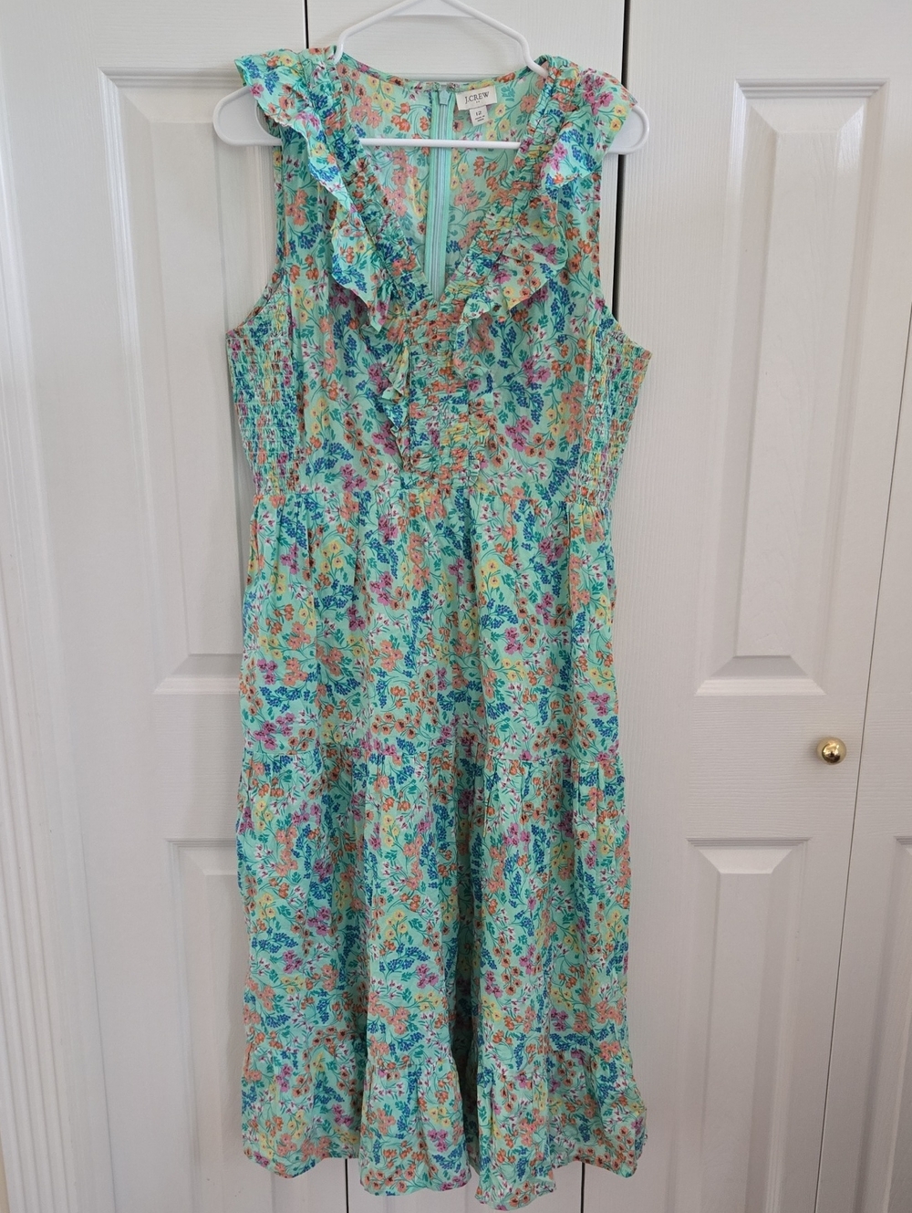 J. Crew Mint Floral Ruffle Sleeveless Midi Dress